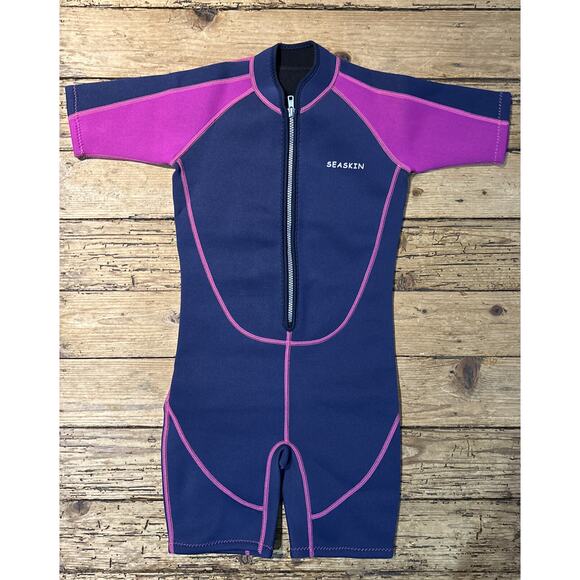 Seaskin Kids Wetsuit 2mm Shorty Diving Suit Navy/Pink Size 8 NWOT - Picture 1 of 4